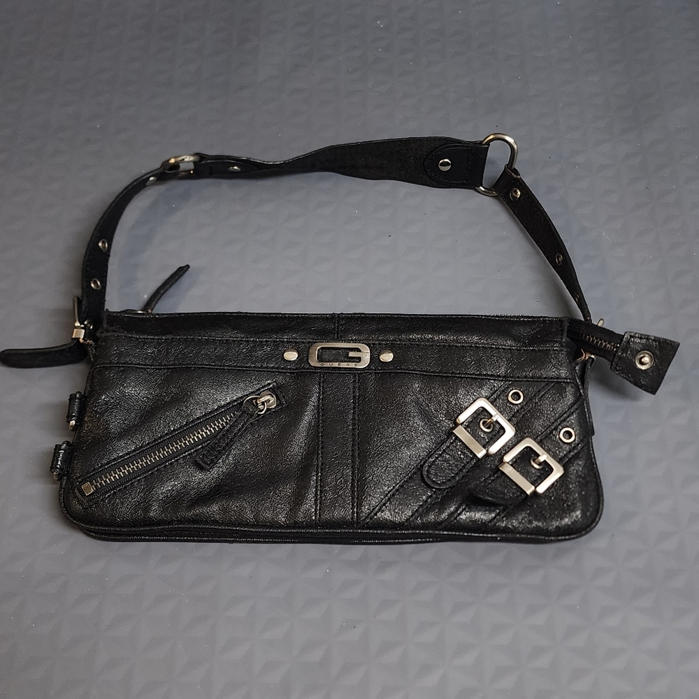Guess vintage shoulder bag purse leather black w brn animal print lining buckles